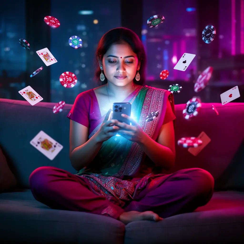 LUCKYSAA77 App – Experience immersive casino gaming on your mobile device Stylish Bangladeshi woman enjoying mobile casino gameplay with floating chips and cards around her using the LUCKYSAA77 app